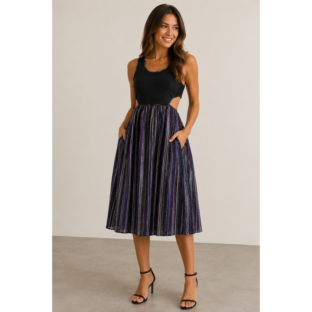 Veronique Branquinho Midi Dress Womens 4 40 Black Purple Metallic Silk Cutout